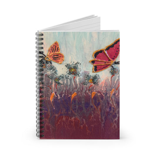 Custom art spiral notebook showing butterflies in a garden.