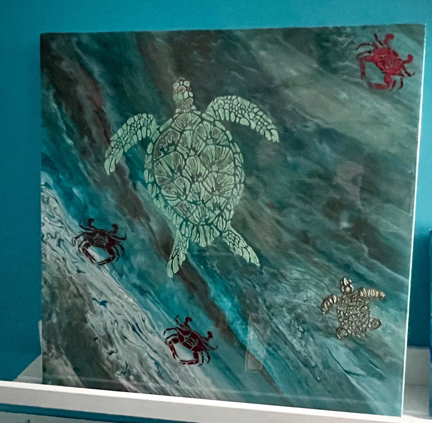 Life in the Ocean - 20x20 Handmade Painting with Turtles and Crabs - Birdsong Lane Art