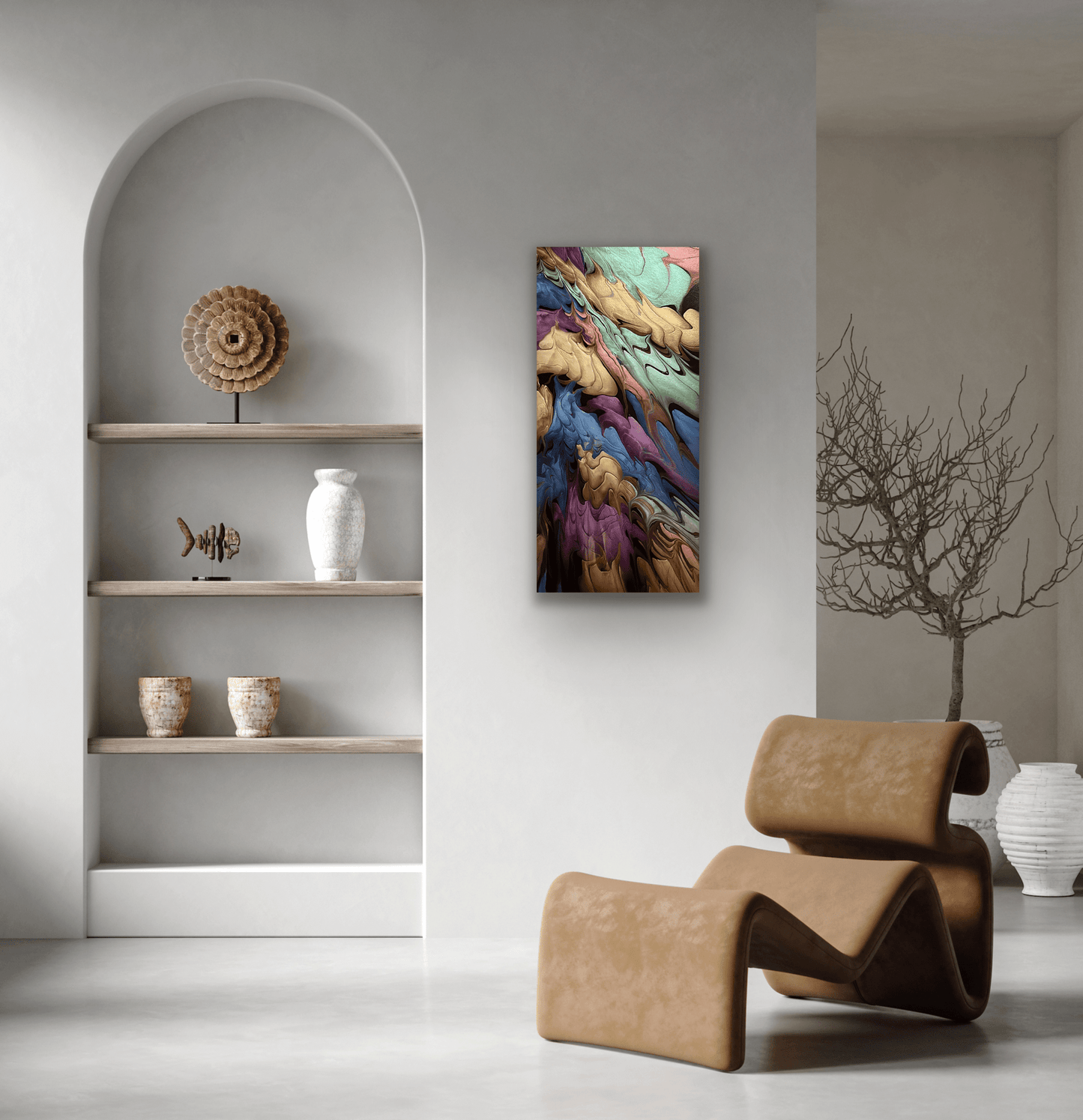 Light Show Abstract Acrylic Art Painting hanging vertically in a room with white walls and a bookshelf.