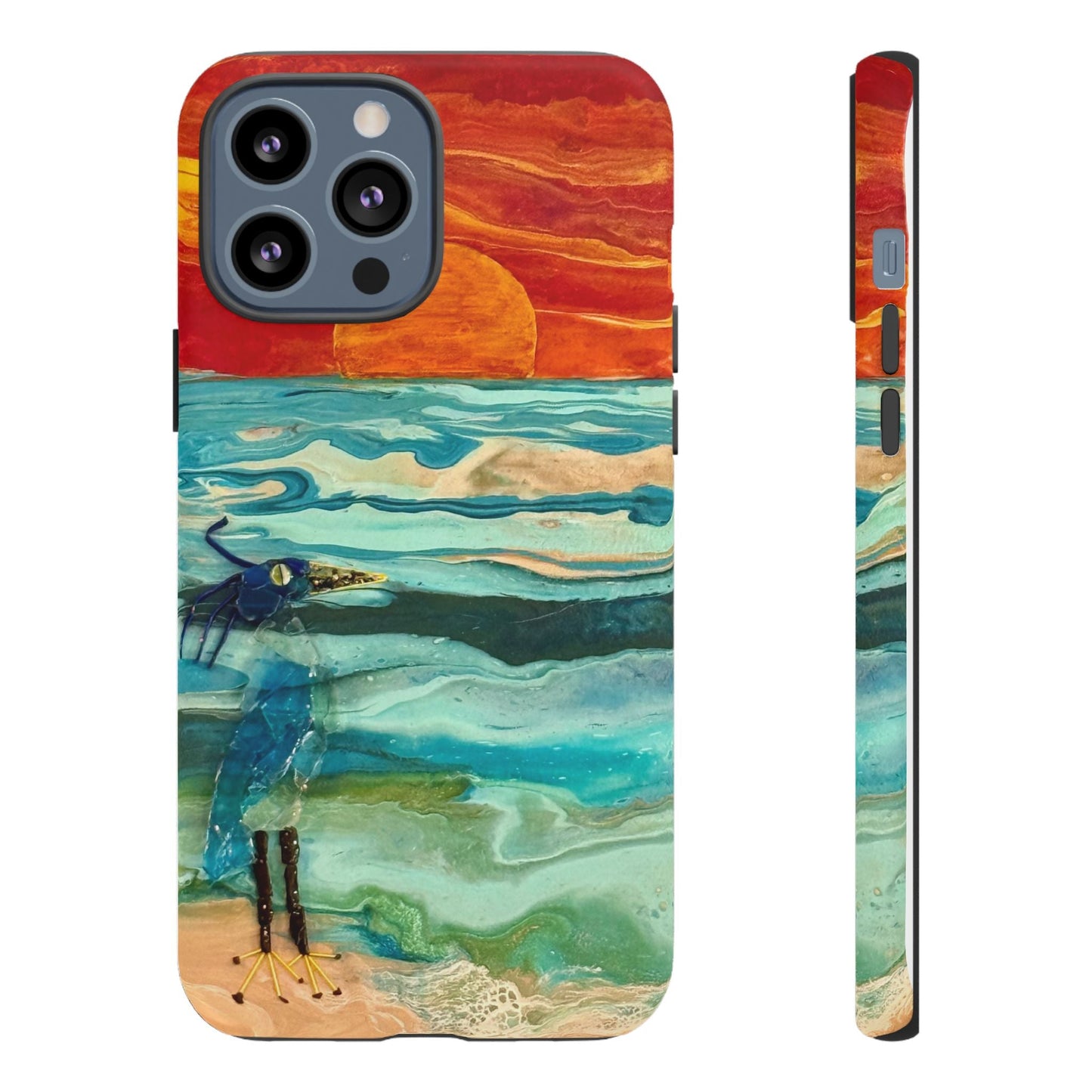 Front and side view of Blue Heron at Sunset Phone Case