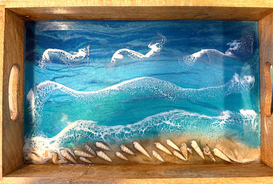 Handmade Ocean and Shell Tray Featuring Trumpet Shells - Birdsong Lane Art