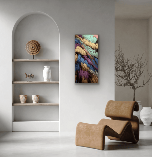 Light Show Abstract Acrylic Art Painting hanging vertically in a room with white walls and a bookshelf.