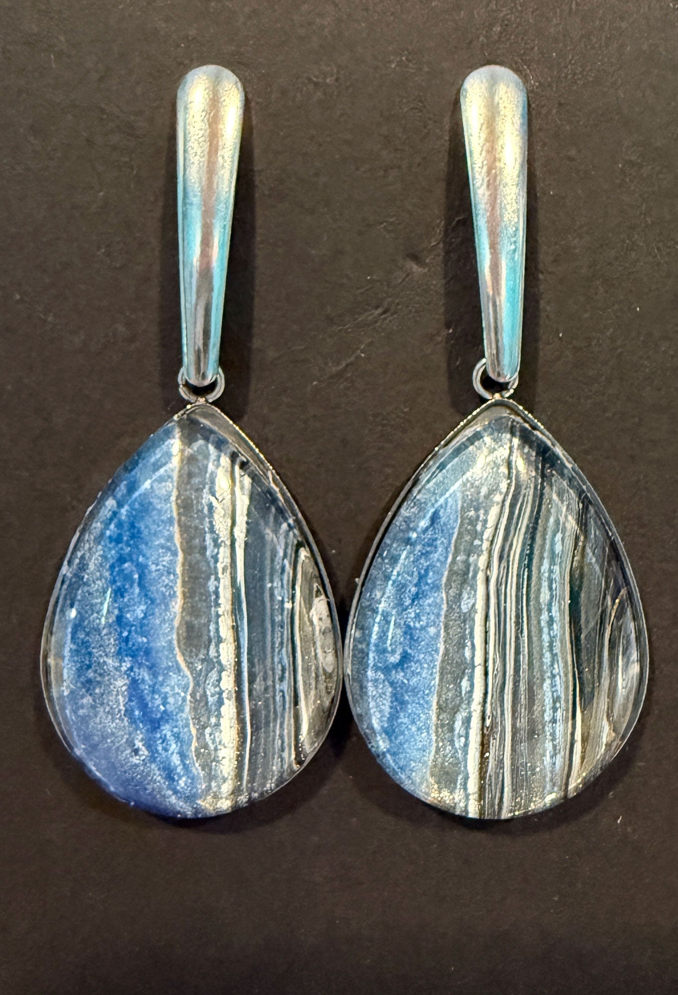 Teardrop Dangling Earrings in Orange and Blue - Birdsong Lane Art